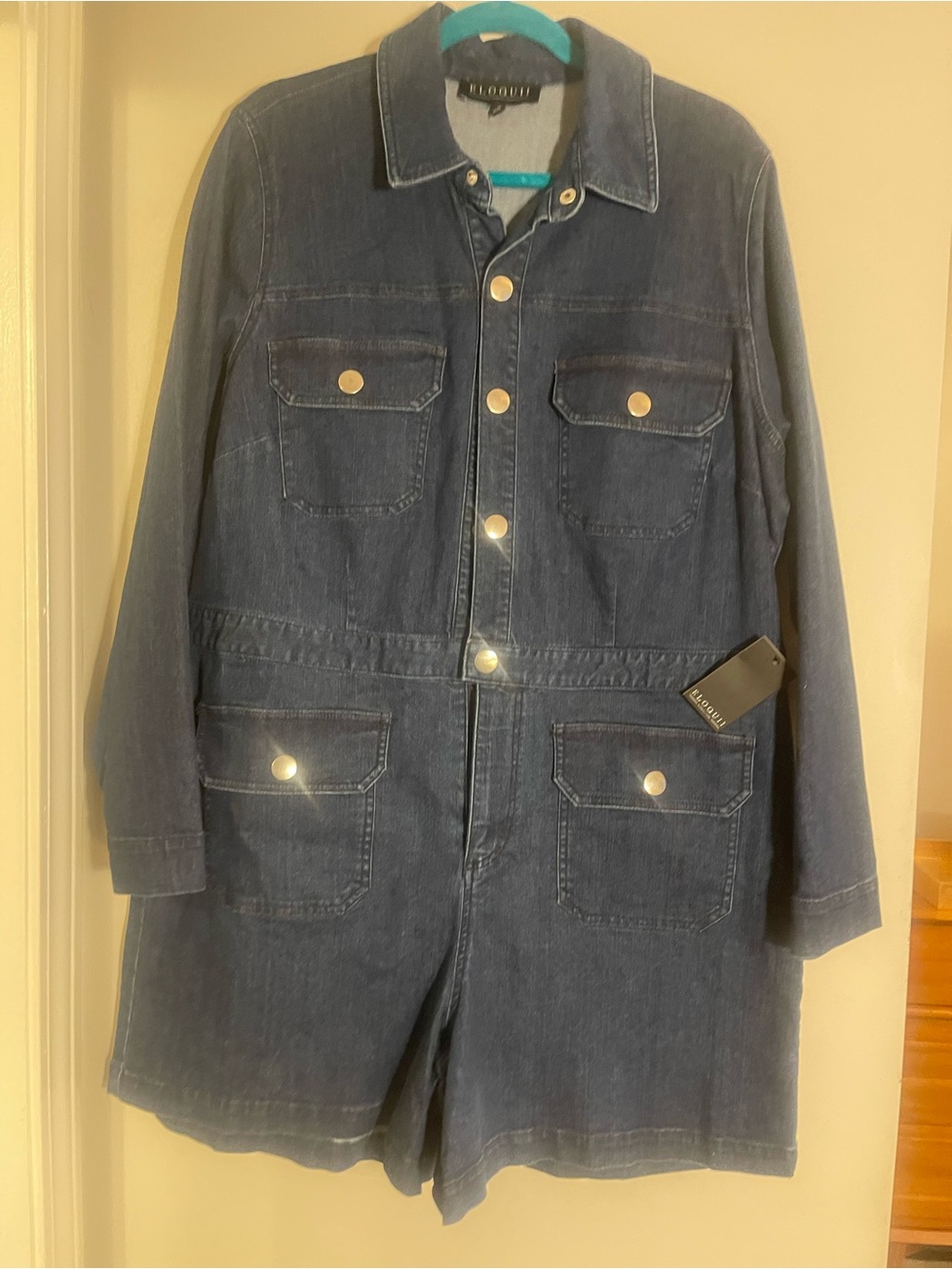 Eloquii Navy Denim Jacket Romper with Snap Pockets